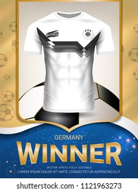 Football cup 2018, Germany winner concept, First place in competition of World championship, Sport poster template with Soccer jersey team design gold and blue trend background (Vector EPS10)