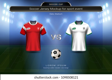 Football cup 2018 group A, Russia VS Saudi arabia, Soccer jersey mock-up with scoreboard match schedule broadcast graphic template, For presentation score or game results of world championship.