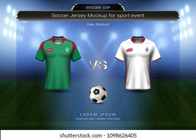 Football cup 2018 group B, Morocco VS Iran, Soccer jersey mock-up with scoreboard match schedule broadcast graphic template, For presentation score or game results of world championship in Russian.