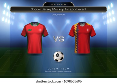 Football cup 2018 group B, Portugal VS Spain, Soccer jersey mock-up with scoreboard match schedule broadcast graphic template, For presentation score or game results of world championship in Russian.