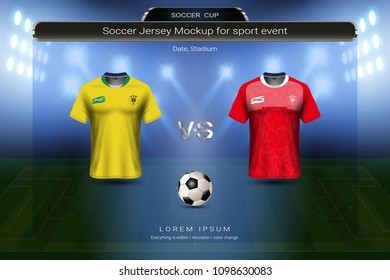 Football cup 2018 group E, Brazil VS Switzerland, Soccer jersey mock-up with scoreboard match schedule broadcast graphic template, For presentation score or game results of world championship.