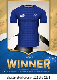 Football cup 2018, Japan winner concept, First place in competition of World championship, Sport poster template with Soccer jersey team design gold and blue trend background (Vector EPS10)