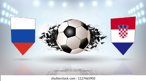 Football cup 2018, Quarter-Final of the Competition, Russia vs Croatia, National Team Soccer Flags, Abstract Background and Empty White Sport Field Illuminated by Spotlights (Vector Eps10)