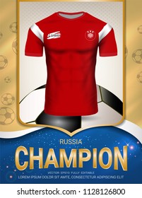 Football Cup 2018, Russia Champions are the Winners of World Championship, First Place in Competition, Sport Poster Template with Soccer Jersey Team Design Gold and Blue Trend Background.