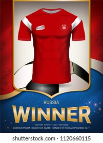 Football cup 2018, Russia winner concept, First place in competition of World championship, Sport poster template with Soccer jersey team design gold and blue trend background (Vector EPS10)