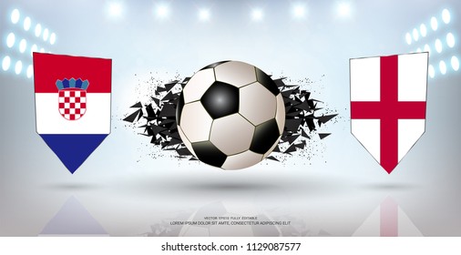 Football cup 2018, Semi-Finals of the Competition, Croatia VS England, National Team Soccer Flags, Abstract Background and Empty White Sport Field Illuminated by Spotlights (Vector Eps10)