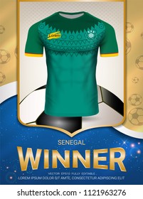 Football cup 2018, Senegal winner concept, First place in competition of World championship, Sport poster template with Soccer jersey team design gold and blue trend background (Vector EPS10)