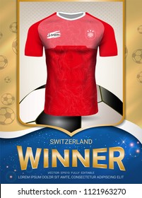 Football cup 2018, Switzerland winner concept, First place in competition of World championship, Sport poster template with Soccer jersey team design gold and blue trend background (Vector EPS10)