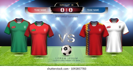 Football cup 2018 team group B, World championship tournament in Russian, Soccer jersey mock-up with scoreboard match vs strategy broadcast graphic template, For presentation score or game results.