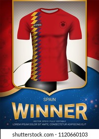 Football cup 2018, Winner concept of World championship template, First place in competition, Spain soccer jersey team on Poster sport design red and blue trend background (Vector EPS10)