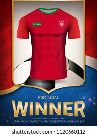 Football cup 2018, Winner concept of World championship template, First place in competition, Portugal soccer jersey team on Poster sport design red and blue trend background (Vector EPS10)