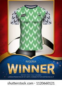 Football cup 2018, Winner concept of World championship template, First place in competition, Nigeria soccer jersey team on Poster sport design red and blue trend background (Vector EPS10)