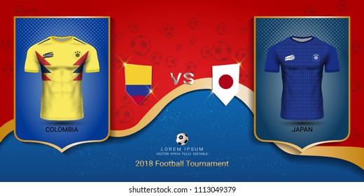 Football cup 2018 World championship template, Colombia VS Japan, National team soccer jersey uniforms with the flag, Russian red and blue trend background (EPS10 vector fully editable)