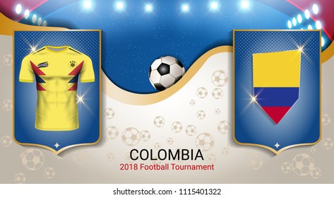 Football cup 2018 World championship template, Colombia team soccer jersey uniforms with the flag, Russian red and blue trend background (EPS10 vector fully editable)