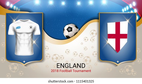 Football cup 2018 World championship template, England team soccer jersey uniforms with the flag to reach quarter-finals, Russian red and blue trend background (EPS10 vector fully editable)