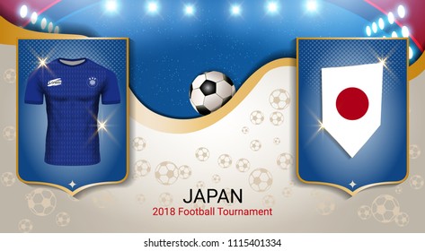 Football cup 2018 World championship template, Japan team soccer jersey uniforms with the flag, Russian red and blue trend background (EPS10 vector fully editable)