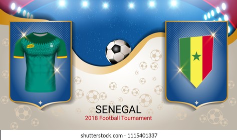 Football cup 2018 World championship template, Senegal team soccer jersey uniforms with the flag, Russian red and blue trend background (EPS10 vector fully editable)