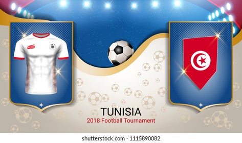 Football cup 2018 World championship template, Tunisia team soccer jersey uniforms with the flag, Russian red and blue trend background (EPS10 vector fully editable)