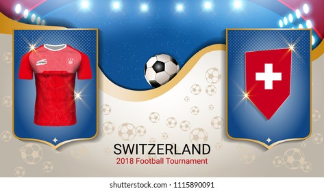 Football cup 2018 World championship template, Switzerland team soccer jersey uniforms with the flag, Russian red and blue trend background (EPS10 vector fully editable)