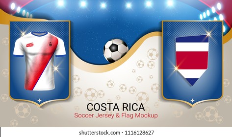 Football cup 2018 World championship template, Costa Rica team soccer jersey uniforms with the flag, Russian red and blue trend background (EPS10 vector fully editable)