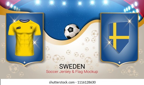 Football cup 2018 World championship template, Sweden team soccer jersey uniforms with the flag to reach quarter-finals, Russian red and blue trend background (EPS10 vector fully editable)