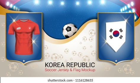 Football cup 2018 World championship template, North Korea team soccer jersey uniforms with the flag, Russian red and blue trend background (EPS10 vector fully editable)