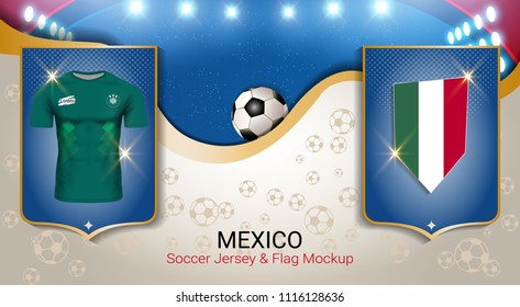 Football cup 2018 World championship template, Mexico team soccer jersey uniforms with the flag, Russian red and blue trend background (EPS10 vector fully editable)