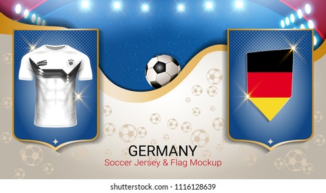 Football cup 2018 World championship template, Germany team soccer jersey uniforms with the flag, Russian red and blue trend background (EPS10 vector fully editable)