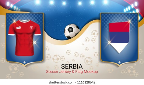 Football cup 2018 World championship template, Serbia team soccer jersey uniforms with the flag, Russian red and blue trend background (EPS10 vector fully editable)