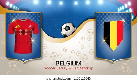 Football cup 2018 World championship template, Belgium team soccer jersey uniforms with the flag to reach quarter-finals, Russian red and blue trend background (EPS10 vector fully editable)