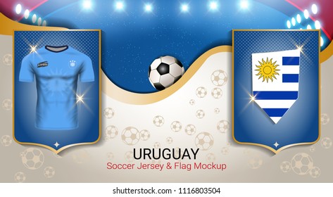 Football cup 2018 World championship template, Uruguay team soccer jersey uniforms with the flag to reach quarter-finals, Russian red and blue trend background (EPS10 vector fully editable)