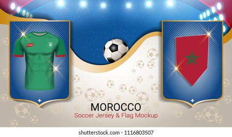 Football cup 2018 World championship template, Morocco team soccer jersey uniforms with the flag, Russian red and blue trend background (EPS10 vector fully editable)