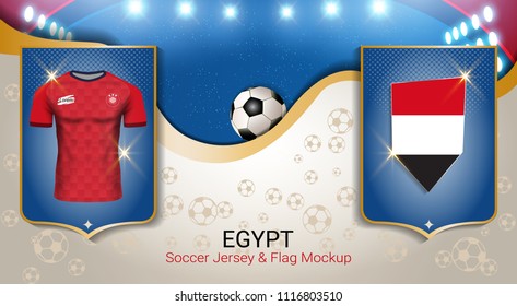 Football cup 2018 World championship template, Egypt team soccer jersey uniforms with the flag, Russian red and blue trend background (EPS10 vector fully editable)