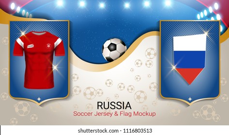 Football cup 2018 World championship template, Russia team soccer jersey uniforms with the flag to reach quarter-finals, Russian red and blue trend background (EPS10 vector fully editable)