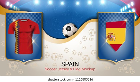 Football cup 2018 World championship template, Spain team soccer jersey uniforms with the flag, Russian red and blue trend background (EPS10 vector fully editable)