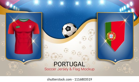 Football cup 2018 World championship template, Portugal team soccer jersey uniforms with the flag, Russian red and blue trend background (EPS10 vector fully editable)