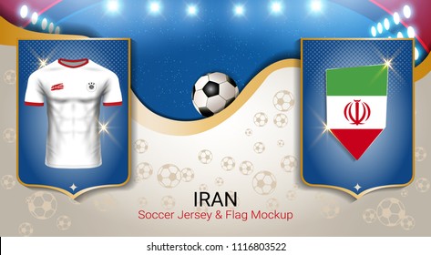 Football cup 2018 World championship template, Iran team soccer jersey uniforms with the flag, Russian red and blue trend background (EPS10 vector fully editable)