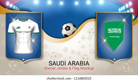 Football cup 2018 World championship template, Saudi arabia team soccer jersey uniforms with the flag, Russian red and blue trend background (EPS10 vector fully editable)