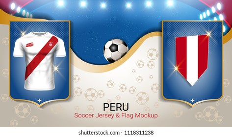 Football cup 2018 World championship template, Peru team soccer jersey uniforms with the flag, Russian red and blue trend background (EPS10 vector fully editable)