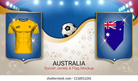 Football cup 2018 World championship template, Australia team soccer jersey uniforms with the flag, Russian red and blue trend background (EPS10 vector fully editable)