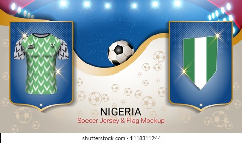 Football cup 2018 World championship template, Nigeria team soccer jersey uniforms with the flag, Russian red and blue trend background (EPS10 vector fully editable)