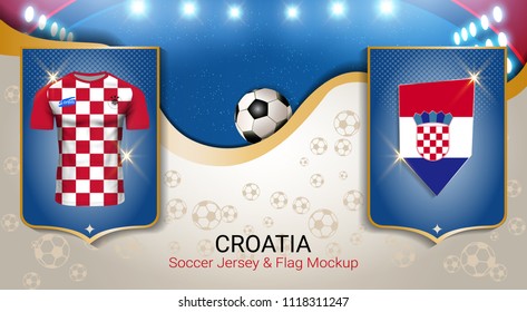 Football cup 2018 World championship template, Croatia team soccer jersey uniforms with the flag to reach quarter-finals, Russian red and blue trend background (EPS10 vector fully editable)