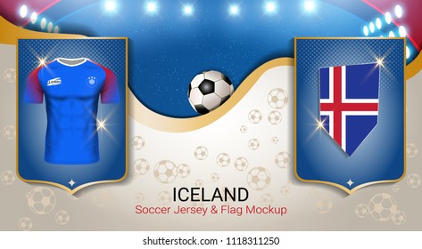 Football cup 2018 World championship template, Iceland team soccer jersey uniforms with the flag, Russian red and blue trend background (EPS10 vector fully editable)