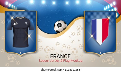 Football cup 2018 World championship template, France team soccer jersey uniforms with the flag, to reach quarter-finals, Russian red and blue trend background (EPS10 vector fully editable)