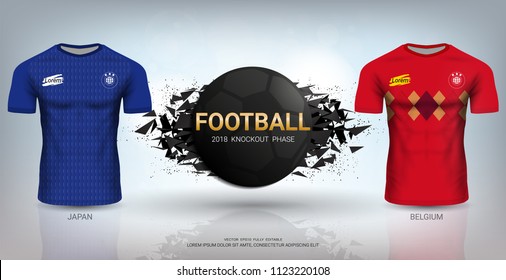 Football Cup 2018 World Championship Round of 16 match Competition, Belgium VS Japan, National Team Soccer Jersey Uniforms with Abstract Background, Vector Banner Explosion Effect.