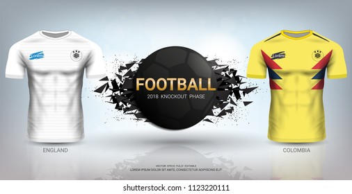 Football Cup 2018 World Championship Round of 16 match Competition, Colombia VS England, National Team Soccer Jersey Uniforms with Abstract Background, Vector Banner Explosion Effect.