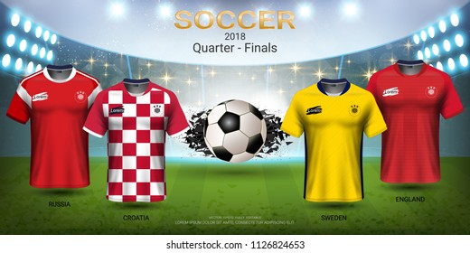 Football Cup 2018 World Championship Quarter-Final of the Competition, Russia VS Croatia, Sweden VS England, National Team Soccer Jersey Uniforms with Sport Field Illuminated by Spotlights.