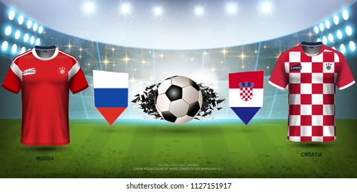 Football Cup 2018 World Championship Quarter-Final of the Competition, Croatia VS Russia, National Team Soccer Jersey Uniforms with Flag and Sport Field Illuminated by Spotlights (EPS10 Vector)