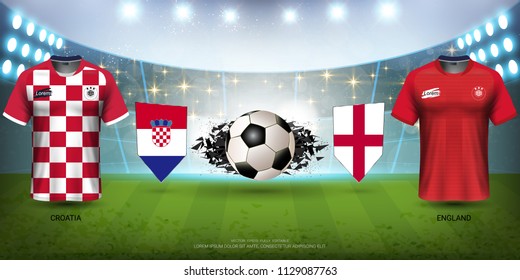 Football Cup 2018 World Championship Semi-Finals of the Competition, Croatia VS England, National Team Soccer Jersey Uniforms with Flag and Sport Field Illuminated by Spotlights (EPS10 Vector)