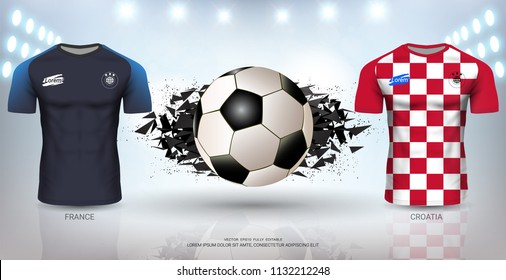 Football Cup 2018 World Championship Finals Match of the Competition, Croatia VS France, National Team Soccer Jersey Uniforms with Abstract Background, Vector Banner Explosion Effect (EPS10 Vector)